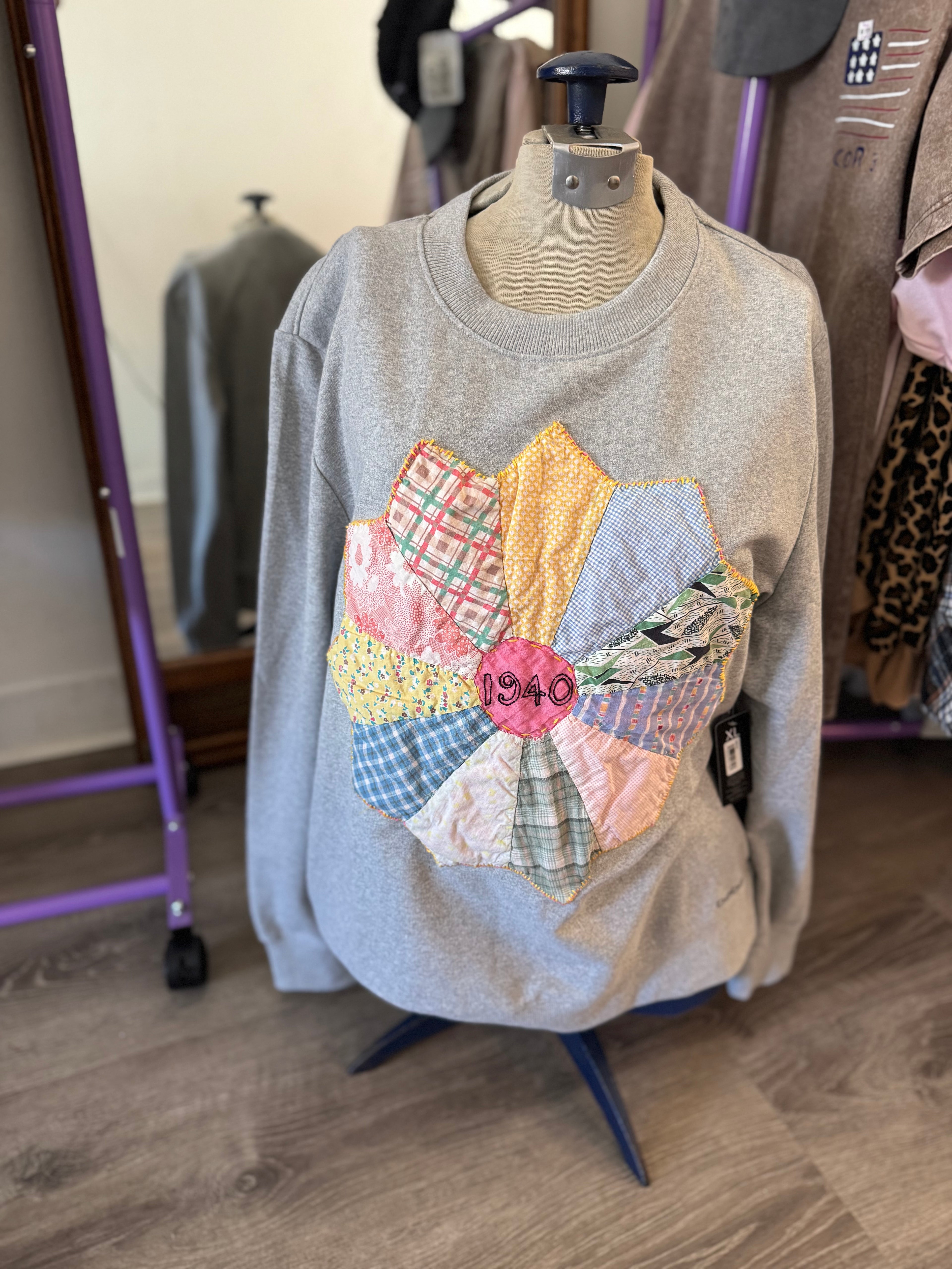 Hand embroidered quilt flower on  sweatshirt - XL